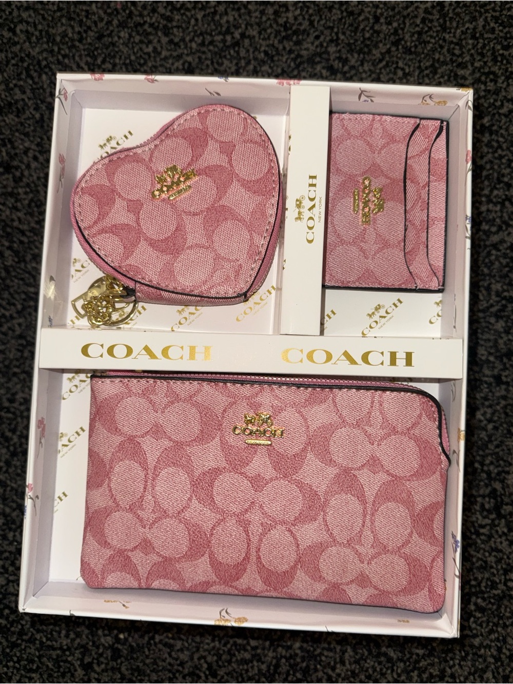 Coach Pink Signature Cosmetic Pouch, Heart Coin Case & Card Holder Set
